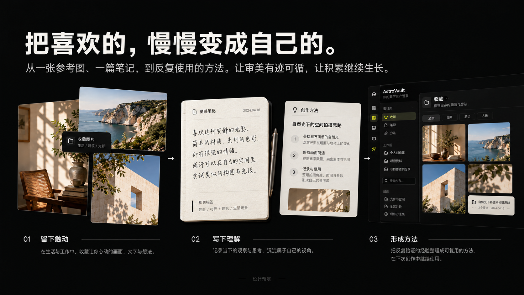 从收藏触动自己的参考图，到记录观察笔记，再形成可重复使用的创作方法。